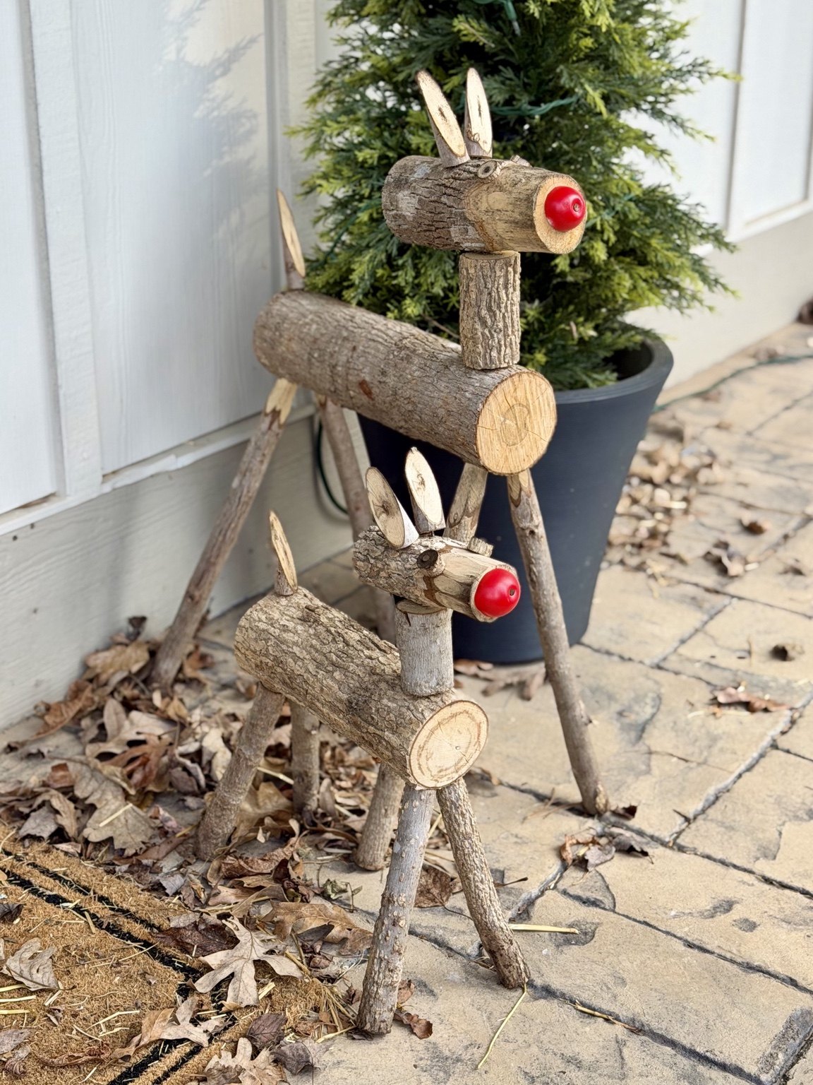 Handmade wooden reindeer holiday decorations